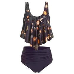 CNSTORE Women's Two-Piece Bathing Suits Sun Star Moon Print Lattice Swimsuit High Waisted Tankini Swimwear