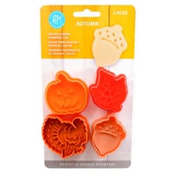 R&M Autumn Theam Pastry & Cookie Stamper set of 4. Assorted Designs & Colors, Turkey, Acorn, Pumpkin, Oak leaf. 2 Inch Assorted Color Cookie Cutters
