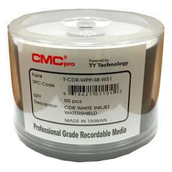 Taiyo Yuden CMC Pro - Powered by TY Technology Watershield Glossy White Inkjet Hub 48x 80 Minute/700MB CD-Rs in 50 Disc Cake Box Spindle