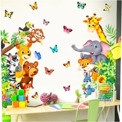 CharmFlo Jungle Forest Animals Wall Decals Animal Door Sticker Removable Reusable Peel Stick Elephant Lion Zebra Giraffe Safari Mural Art Nursery Kids Room Baby Bedroom Playroom Daycare Living Room