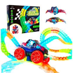 USA Toyz Zero-G Glow Race Track for Kids- 105pcs Glow in The Dark Flexible Race Track Set with Suction Cups, Slot Car, 2 Graffiti Toy Cars Shells, STEM Toy LED Car Tracks for Boys and Girls Age 3+