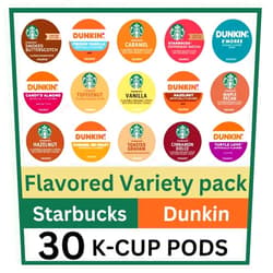 KUPIX 30 Count -- Flavored Starbucks & Dunkin Variety Pack Coffee Pods K Cup Sampler – Starbucks - Hazelnut, Cinnamon Dolce, Maple Pecan, Smoked Butterscotch, Toasted Graham, Caramel, Vanilla & Toffeenut. Dunkin - Turtle Love, Candy'd Almond, Caramel Me Crazy, S’mores, French Vanilla & Hazelnut for Keurig Brewers