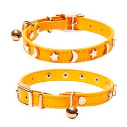 DAIHAQIKO Leather Cat Collars, Non Breakaway Cat Collar with Bell and Safety Elastic Belt, Star and Moon Cat Collar or Boy Girl Cats