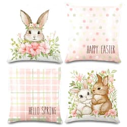 YUJUN 4 Pack Easter Spring Pillow Covers, 18x18in Buffalo Plaid Farmhouse Rabbit Bunny Flower Easter Throw Pillows, Couch Decor