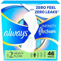 Always Infinity Feminine Pads for Women, Flexfoam Pads with Wings, Size 2, Heavy Absorbency, Unscented, 46 Count