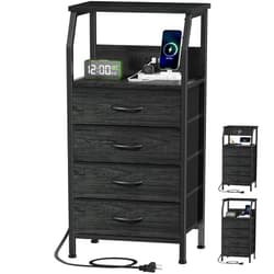 Furnulem Tall Night Stand with Charging Station, 4 Drawer Dresser with Storage Shelf, 33 Inch Side Table, Fabric End Table for Closet, Entryway, Dorm, Bedside Furniture, 3 Ways to Use, Black Oak