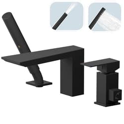 BESy Brass Waterfall Roman Bath Tub Faucets with Sprayer, Deck Mount Bathtub Faucets Set, Tub Filler with Brass 2 in 1 Handheld Hand Shower Sprayer with Valve, cUPC Lines, Matte Black