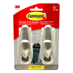 Command 5 lb Large Brushed Nickel Metal Hooks, 2 Hooks and 4 Command Strips, Damage Free Coat Hooks with Adhesive Strips, Forever Classic Hooks for Hanging Home Decor and Room Decor