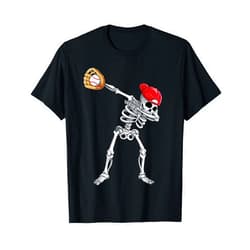 Lique Baseball Dabbing Skeleton Baseball Halloween Player Catcher Pitcher T-Shirt