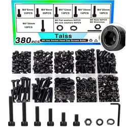 Taiss 380PCS M4 Screw Kit,Hex Socket Head Cap Screws Assortment with Nuts/Washers/Hex Wrench M4x6/8/12/16/20/30mm,12.9 Grade Alloy Steel Black Zinc Plated Small Metric Screws,M4 Bolts