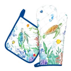 Arquiel Ocean Turtle Oven Mitts and Pot Holders Sets 100% Cotton Heat Resistant, Extra Long Oven Gloves Potholder for Kitchen Cooking Baking Housewarming