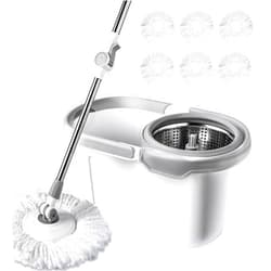 BOOMJOY Spin Mop and Bucket with Wringer Set, Easy Wring Mop for Floor Cleaning with 6 Microfiber Replacement Refills, Stainless Steel Extended Handle