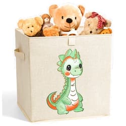 Bosyarthm 13 inch Cube Storage Bins, Foldable Storage Boxes, Cubby Storage Organizer for Nursery, Playroom, Bedroom, Closet, Dinosaur, Beige