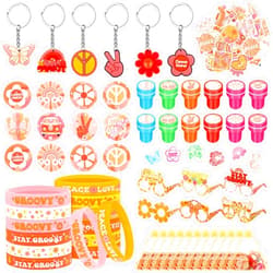 Sasylvia 122 Pcs Groovy Party Favors Retro Hippie Party Gifts Set Silicone Wristbands Keychains Badges Glasses Stickers Boho Stampers Gift Bags for Groovy Birthday Baby Shower Class Reward Supplies