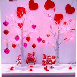ZYP 2 PCS 24 Inches Valentines Day Lighted Tabletop Lighted Birch Trees with 18pcs Heart-Shaped Ornaments,Pre-Lit Artificial Tree with Red Pink LEDs Lights for Valentine's Day Party Decor