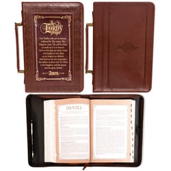 Christian Art Gifts Classic Bible & Book Cover for Men & Women: The Lord's Prayer - Matthew 6:9-13 Inspirational Scripture Carry Case Accessory with Pockets, Walnut Brown & Burgundy with Gold, Medium