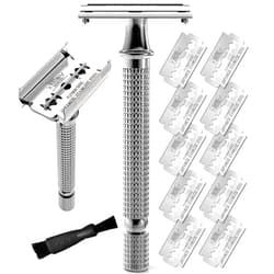 SHAVING REVOLUTION Viking Revolution Long Handle Double Edge Safety Razor - Butterfly Open with 10 Japanese Stainless Steel Blades - Close, Clean Shaving for Men (Chrome Metal)