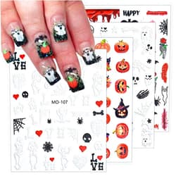 KEHKFSEF 4pcs Cartoon Ghost Pumpkin Halloween Nail Art Stickers 5D Embossed Skull Ghost Rose Scar Spider Bat Nail Decals Skeleton Nail Stickers Nail Supplies DIY Holiday Manicure Decorations for Women Girls