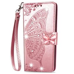 ONV Wallet Case for Google Pixel 7 Pro - Glitter Butterfly Embossed Leather Folio Case Magnet Card Slot Kickstand Wrist Strap +TPU Shell for Google Pixel 7 Pro [HZD] -Rosegold