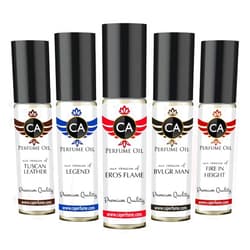 CA Perfume Best Fall Men Set Impression of (Eros Flame + Bvl. Man + Legend + Fire In Height + Tuscan Leather) Fragrance Body Oils Essential Sample Travel Size Roll-On (0.3 Fl Oz/10 ml) x5