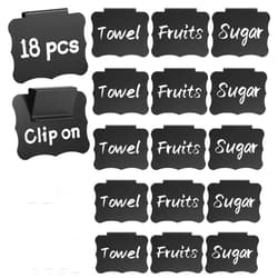 NIUBIER 18 Pcs Basket Labels for Storage Bins, Black Removable Bin Labels with White Chalk Markers, Reusable Clip On Labels, Erasable Basket Tags for Fabric Storage, Pantry, Organization Box