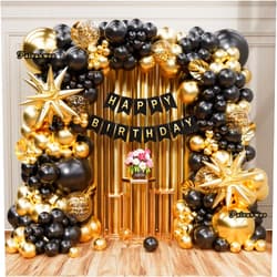 Paivanwoo 141Pcs Black and Gold Balloon Arch Kit with Happy Birthday Banner for Black and Gold Party Decorations, Graduation, Retirement, Masquerade Party Supplies
