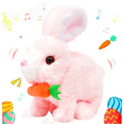 Hopearl Hopping Rabbit with Carrot Interactive Electronic Pet Plush Bunny Toy with Sounds and Movements Animated Walking Wiggle Ears Twitch Nose Gift for Toddlers Birthday, Pink, 7''