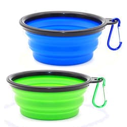 SLSON Dog Bowl Pet Collapsible Bowls, 2 Pack for Cats Dogs, Portable Pet Feeding Watering Dish for Walking Parking Traveling with 2 Carabiners (Small, Blue+Green)