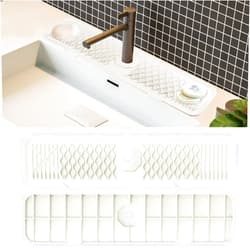 FENRIDAN Kitchen Silicone Sink Splash Guard with 5°,24 Inch Faucet Mat,Silicone Faucet Handle Drip Catcher Tray,Sink Splash Protector,Sponge, Soap Mat, Sink Organizer and Splash Mat (Beige White)