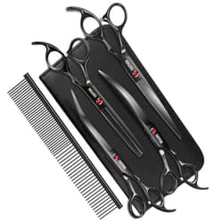 GEMEK 7.0in Titanium Professional Dog Grooming Scissors Set, GEMEK 6 in 1 Straight & Thinning & Upwards Curved & Downwards Curved Scissors & Comb for Dogs, Cats and Other Animals