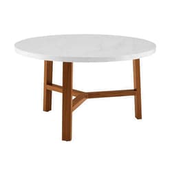 Walker Edison Mid Century Modern Round Coffee Table Living Room Accent Ottoman Storage Shelf, 30 Inch, Marble and Acorn