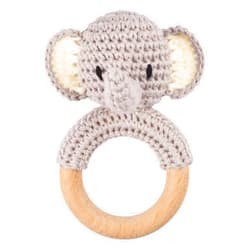 Joliecraft Safari Animals Wooden Baby Rattle Toys Stuffed Crochet Rattle with Teether Ring for Newborn, Gray Elephant
