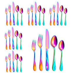 Seeshine Rainbow Silverware Set for 6, 30-Piece Stainless Steel Flatware Set, Shiny Rainbow Metal Cutlery Set, Include Fork, Knife and Spoon Set, Dishwasher Safe