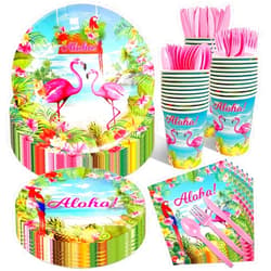 Jremreo 175 Pcs Aloha Tropical Flamingo Party Supplies Set - Serves 25, Hawaiian Luau Disposable Tableware, Includes Plates, Cups, Napkins, Forks, Spoons, Knives for Summer Beach Birthday Pool Decorations