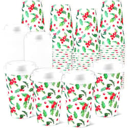 Fullhawl 100 Set Christmas Paper Coffee Cups with Lids 12 oz Disposable Christmas Hot Chocolate Cocoa Cups Red Green Holly Leaf Holiday Cups for Xmas Tea Beverage Drinkware Party Supplies