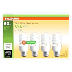 SYLVANIA CFL T2 Twist Light Bulb, 60W Equivalent, Efficient 13W, 850 Lumens, Medium Base, 2700K, Soft White - 4 Pack