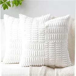 DEZENE Patchwork Throw Pillow Covers Set of 2 Striped Soft Corduroy Square Decorative Couch Pillow Cases Boho Accent Farmhouse Home Decor for Bed Sofa Living Room, White, 20x20-Inch