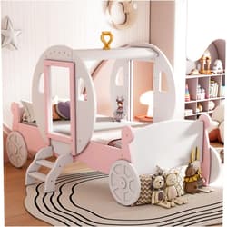 VRAXO Twin Size Princess Carriage Bed with Crown,Wood Platform Car Bed with Stair,White+Pink