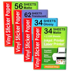 AgoDeo Premium Printable Vinyl Sticker Paper Matte for Inkjet Printer 34 sheets + Premium Printable Vinyl Sticker Paper Glossy for Inkjet Printer 34 sheets + Translucent Clear Sticker Paper for Inkjet Print