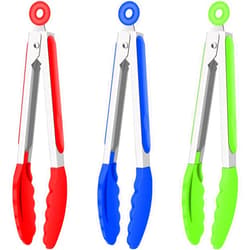 Hotec Silicone Kitchen Tongs for Cooking 9-Inch Serving Tongs with Silicone Tips, Set of 3 (Red Blue Green)