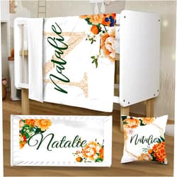 YISMEET Personalized Infant Crib Bedding Set, 3 Pcs Orange Flower Baby Crib Set for Girls, Double Layer Blanket, Crib Sheet, Pillowcase, Soft and Colorful