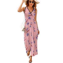 Generic Watercolor Flamingo Peony Flowers Women's Sleeveless Dress Summer Maxi Dress Casual V Neck Tank Sundress