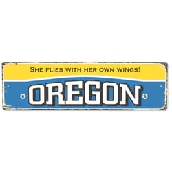 SmartSign 4 x 14 inch Oregon State Vintage Metal Sign “She Flies With Her Own Wings”, 40 mil Rustproof Aluminum with Clear Overcoat, Retro Wall Décor, Multicolor, Made in USA
