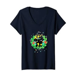 Visit The Feline Serenity Apparel Womens CUTE BLACK ANGEL CAT HALO KITTEN SPRING GREEN WREATH Cute V-Neck T-Shirt