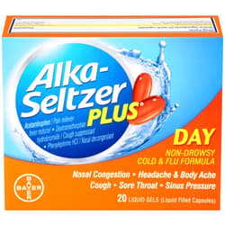 Alka-Seltzer Plus Maximum Strength Cold & Flu Medicine, Day, Liquid Gels for adults with Pain Reliever/Fever Reducer, Cough Suppressant, Nasal Decongestant, 20 Count
