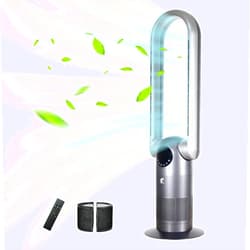 Ocean Loong Bladeless Tower Fan with Air Purifier - 120° Oscillating - Quiet Cooling Fan for Bedroom Home Office - 9 Speeds - 9Hs Timer - Remote Control - 39inch AC68P Grey