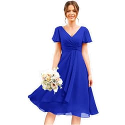 Dolinecy Women's Short Chiffon V Neck Bridesmaid Dress for Wedding Party Ruched Waist Cap Sleeves Zipper Back Closure