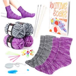 Coopay Knitting Kit Beginners for Socks, Knitting Starter Kit with Instructions & Yarn, Knitting Needle Set Easy Learn to Knit Various Sizes Sock Knitting Set for Adults/Teenagers (Gray & Purple)