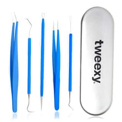 tweexy Craft Vinyl Weeding Tool Kit, 5-Piece Set with Metal Case, Includes Stainless Steel Precision Weeder Picks, Tweezers, and Spatula for Heat Transfer Vinyl, HTV Adhesive Paper Crafting (Blue)