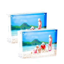 HappyHapi 5 x 7 Inch 2 Pack Acrylic Photo Frame, 10 + 10MM Thickness Clear Picture Frame, Magnetic Acrylic Picture Blocks, Freestanding Desktop Display Gift Ideal
